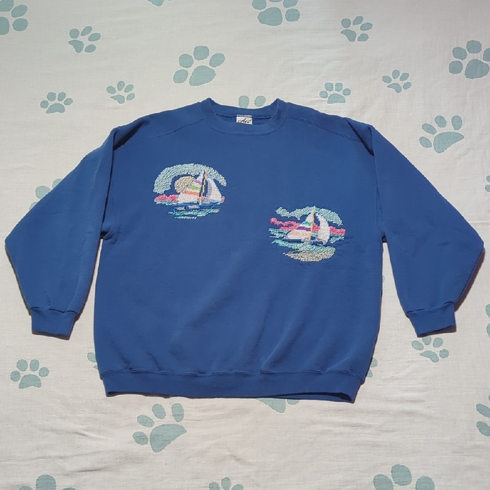 Chic Blue Crewneck Sweater with Nautical Embroidery